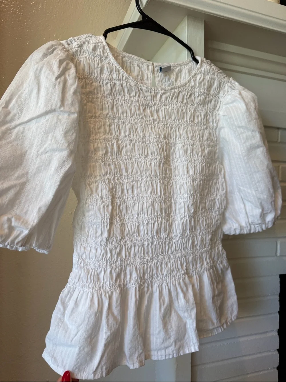 Old Navy White Smocked Peplum Puff Sleeve Blouse Size Small Tall